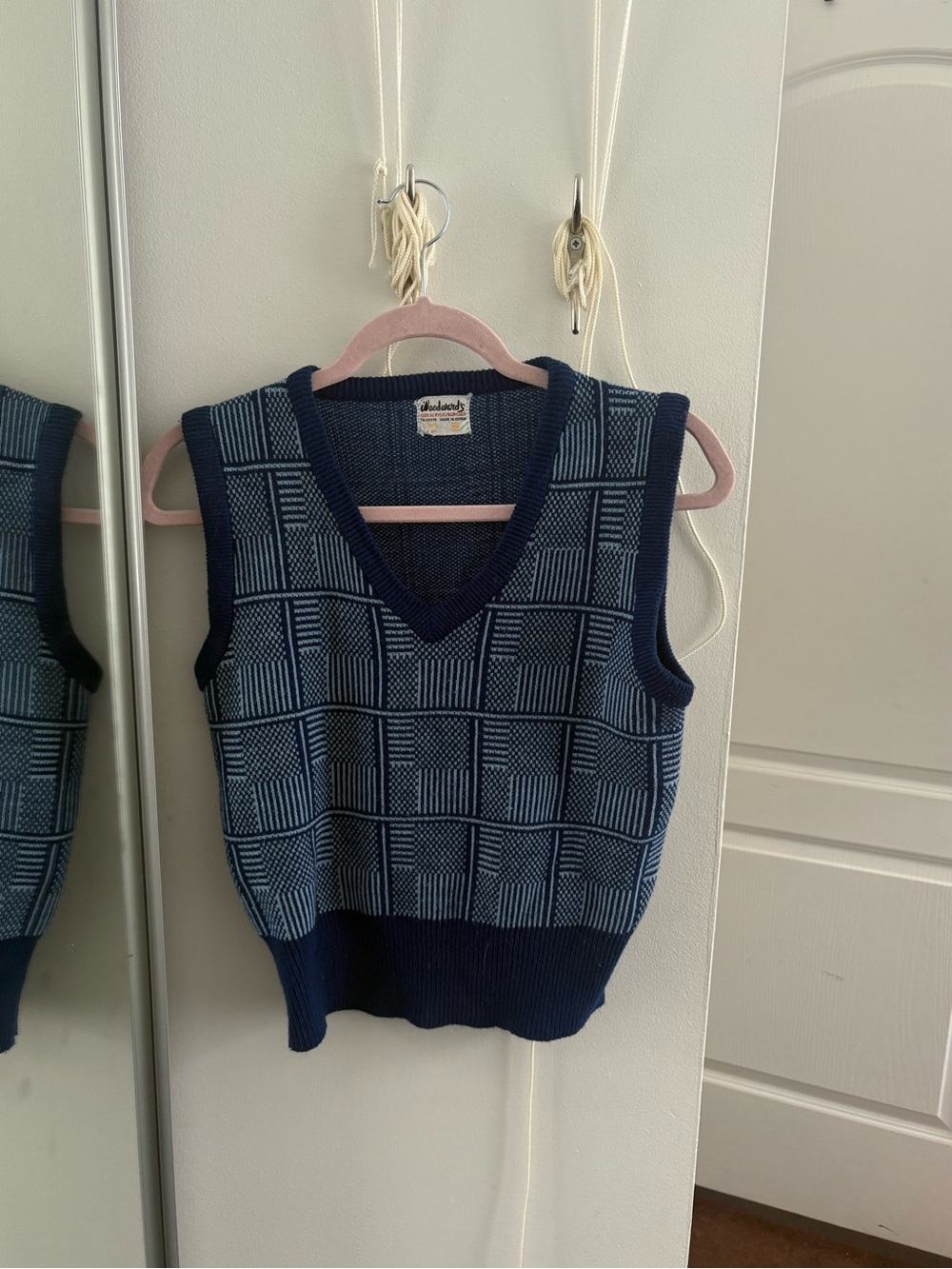 Navy and Light Blue Patterned Knit V-Neck Sweater Vest